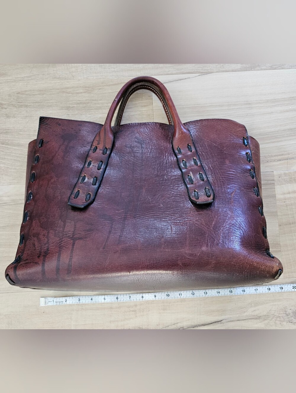 Gorgeous VINTAGE 1960s/70s Hippie Brown Handmade Leather Tote Bag - Picture 9 of 14